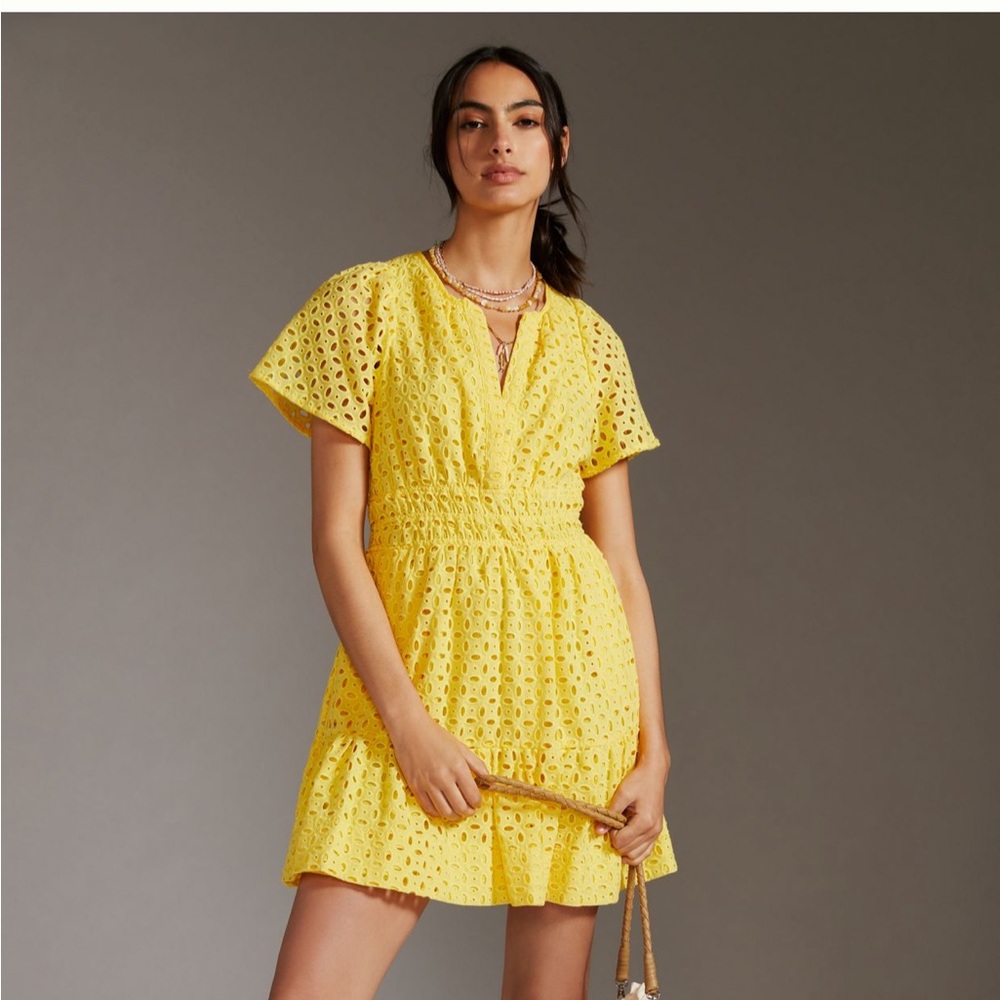 Anthropologie Yellow Eyelet Mini Dress